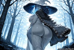 1girl ai_assisted ai_generated ass bare_tree blue_eyes blue_hair blue_theme breasts curvaceous curvy curvy_female curvy_figure elden_ring female forest from_behind grey_skin hat huge_ass long_hair looking_at_viewer looking_back miyuai nature outdoors ranni_the_witch see-through smile snow solo striped thick thick_ass thick_butt thick_hips thick_legs thick_thighs thighs tree voluptuous voluptuous_female watermark wide_hips wide_thighs winter witch_hat