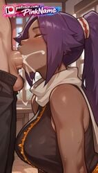 1boy 1girl 2026 ai_generated artist_name bare_shoulders bleach blowjob blowjob_face blush boobs breasts bust chest cock covered_nipples cum cum_in_mouth dark_skin dick erection fellatio hetero hi_res high_quality highres licking long_hair oral oral_sex patreon patreon_username penis pinkname ponytail purple_hair shihouin_yoruichi sucking sweat tits uncensored watermark