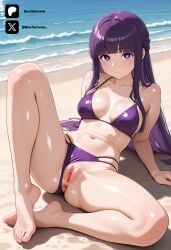 1female 1girl ai_generated anus bare_legs bare_shoulders barefoot beach big_breasts bikini bikini_bottom_aside blunt_bangs blush breasts closed_mouth clothing clothing_aside collarbone colored feet female fern fern_(frieren) fern_(sousou_no_frieren) frieren_beyond_journey's_end from_front from_side front_view full_body knee_up large_breasts legs light-skinned_female light_skin long_hair looking_at_viewer medium_breasts navel novathecreator ocean outdoors purple_bikini purple_eyes purple_hair pussy sand sexy sexy_body sexy_pose side_view sitting solo sousou_no_frieren spread_legs stomach swimsuit thighs tits toenails toes uncensored vagina visible_pussy visible_vagina vulva water wet