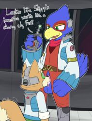 <3_eyes 2018 anthro armor avian balls bandana belt bird boots canine clothing controller cum cum_in_mouth cum_inside dialogue drooling duo erection falco_lombardi falcon feathers fellatio footwear forced fox fox_mccloud fur green_eyes half-closed_eyes heart helmet jacket kneeling male male_only mammal mind_control nintendo open_mouth oral pants penis remote_control saliva sex shirt standing star_fox tongue tongue_out ultilix video_games yaoi