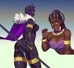 african_female ass black_bodysuit black_panther_(marvel) bodysuit braid braided_hair cleavage dark-skinned_female dark_skin female female_only from_behind front_view gold_jewelry kitsune23star pink_nails shuri_(marvel)