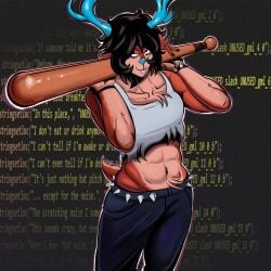 1girls abs anthro anthro_female antlers athletic athletic_female bat black_hair bracelet december_holiday deer deer_ears deer_girl deltarune dess_holiday earrings female female_focus female_only fur looking_at_viewer muscular muscular_female tagme tail tank_top text thong thong_straps tomboy