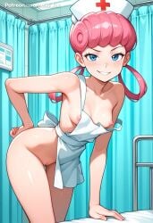 1girls ai_generated apron bending_forward bent_over blue_eyes blush blush_lines breasts curvy curvy_female curvy_figure examination_room eyelashes hospital indoors nipple_slip nipples no_bra no_panties no_underwear nurse_cap nurse_joy nurse_uniform perky_breasts petite petite_body petite_breasts petite_female petite_girl petite_tits pink_hair pokemon pussy pussy_lips shiny_skin skinny skinny_female small_breasts smirk smirking smirking_at_viewer solo solo_female teasing teasing_viewer thigh_gap thighs