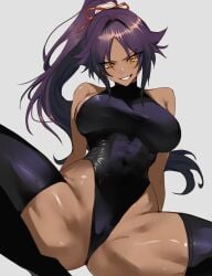1girls artist_request bleach breasts dark-skinned_female dark_skin female female_focus female_only large_breasts looking_at_viewer shihouin_yoruichi solo thick_thighs thighs wide_hips