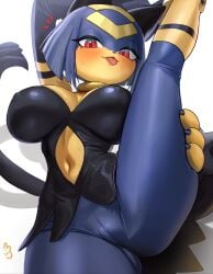 absurd_res anthro blue_body blue_hair blush bodily_fluids bottomwear breasts camel_toe clothed clothing digital_media_(artwork) felid feline female flexible fur hair hi_res holding_leg looking_at_viewer mammal nipple_outline one_leg_up pal_(species) palmorph palworld pocketpair raised_leg red_eyes sekhmet_(pal) simple_background smile solo splits spread_legs spreading standing sweat sweatdrop tongue tongue_out topwear vertical_splits