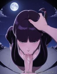 1boy 1girl :>= ai_generated bangs black_hair bleach blunt_bangs braid breasts cleavage explicit fellatio full_moon hair_ornament hand_on_another's_head hetero japanese_clothes large_breasts long_hair looking_at_viewer moon nemu_kurotsuchi night night_sky nyx_x oral penis pov single_braid sky solo_focus star_(sky) starry_sky uncensored veins veiny_penis watermark