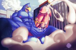 anthro avian canine city cum cum_on_ground cum_on_hand cum_on_penis falco_lombardi fox fox_mccloud group macro male male_only mammal masturbation micro nintendo orgasm penis reymon_comander smile star_fox video_games wolf wolf_o'donnell