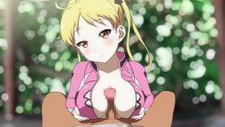 1boy 1girls ahoge animated bakuon!! biker_clothes blonde_hair blush breasts censored censored_penis erection head_tilt large_breasts loop no_sound paizuri pov shorter_than_10_seconds shorter_than_30_seconds suzunoki_rin twintails video yokkoisho_(nijie829001)