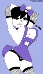 angry catgirl ecchi fishnet_armwear fishnet_legwear furry goth hello_kitty_(character) hello_kitty_(series) panties scowling skirt_lift tkb_nsfw topless