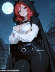 1girl ai_generated arlequin097 bare_tree belt black_belt black_cape black_cloak black_nails black_pants breasts cape chain cleavage cloak closed_mouth collared_shirt contrapposto corset cowboy_shot crossed_arms dress_shirt full_moon high-waist_pants hood hood_up hooded_cape hooded_cloak house large_breasts leather_pants lips long_sleeves looking_at_viewer love_live! love_live!_school_idol_project medium_hair moon nail_polish night night_sky nishikino_maki outdoors pants purple_eyes red_hair shirt sky solo star_(sky) starry_sky thighs tight_clothes tight_pants tree white_shirt