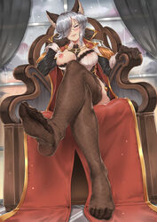 1girls animal_ears big_breasts blouse blush breasts cleavage dominatrix eyelashes eyeliner feet female female_only femdom fishnets freesia_von_bismarck glasses gloves granblue_fantasy hair_over_one_eye head_rest legs_crossed lingerie lipstick looking_at_viewer makeup medium_hair nipples nipples_visible_through_clothing no_shoes one_breast_out parted_lips pov pov_feet sheer_legwear shirt silver_eyes silver_hair smile soles stockings throne