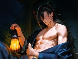 abs bare_chest closed_eyes cum cum_drip cumming dick jujutsu_kaisen kimono lantern long_hair male male_only masturbating muscular smile suguru_geto