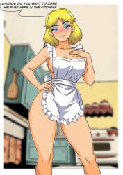 1girls apron blonde_female blonde_hair blue_eyes blue_eyeshadow blush breasts cleavage earrings english_text eyeshadow female female_focus female_only front_view indoors kitchen light-skinned_female light_skin looking_at_viewer looking_down mature mature_female milf nickelodeon nicktoons nude nude_female rita_loud short_hair smile solo solo_female solo_focus standing the_loud_house valker