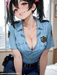 1girl ai_generated alternate_breast_size arlequin097 belt belt_buckle belt_pouch black_belt black_hair blue_pants blue_shirt blush breast_pocket breasts buckle buttons cleavage collarbone collared_shirt cowboy_shot grin hair_between_eyes hair_ribbon head_tilt holster indoors large_breasts leaning_forward lips looking_at_viewer love_live! love_live!_school_idol_project medium_hair on_bed pants parted_lips partially_unbuttoned pocket police police_uniform policewoman pouch red_eyes shirt shirt_tucked_in short_sleeves short_twintails smile solo teeth thigh_gap twintails uniform window yazawa_nico