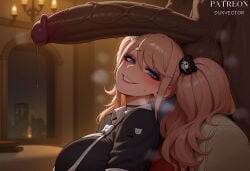 1boy 1girl ai_generated black_choker black_shirt blonde_hair blue_eyes blush breasts chair choker danganronpa danganronpa:_trigger_happy_havoc dark-skinned_male dark_skin duxvector enoshima_junko erection from_side grin hair_ornament hetero huge_penis indoors interracial junko_enoshima large_breasts large_penis long_hair looking_at_penis makeup necktie nude penis precum precum_drip shirt smile solo_focus sweat teeth testicles twintails uncensored veins veiny_penis window