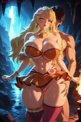 1boy 1girl ai_generated bangs bare_shoulders blonde_hair bracelet breast_grab breasts choker cleavage dark_skin earrings goa_minagawa grabbing grabbing_from_behind hetero hi_res high_quality high_resolution huge_breasts jewelry kiraamane kizetsu_yuusha_to_ansatsu_hime long_hair looking_at_viewer navel orange_skirt patreon seductive sexy shiny shiny_skin skirt sweat thick_thighs thighhighs thighs uncensored watermark yellow_eyes