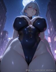 1girl ai_generated bangs bare_shoulders black_leotard blush breasts building cameltoe choker city cleavage covered_navel covered_nipples earrings from_below full_moon grey_hair highleg highleg_leotard huge_breasts jewelry large_breasts leotard looking_at_viewer looking_down moon night night_sky nyx_x outdoors purple_eyes questionable short_hair sky solo thick_thighs thighs