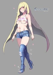 1girls 2017 aether_foundation areola_slip areolae areolae_peeking bare_shoulders belly blonde_hair blush boots breasts dated denim denim_shorts feet female female_focus female_only female_pubic_hair fuck-me_shirt grey_background hairy happy_trail heavy_breathing high_heels human iku_(ikuchan_kaoru) large_breasts long_hair looking_at_viewer lusamine_(pokemon) midriff milf mother motion_lines navel nintendo nipples pokemon pokemon_sm pubic_hair pubic_hair_peek shirt short shorts solo standing sweat tank_top text thighhighs thighs toes underboob very_long_hair walking watermark wide_hips