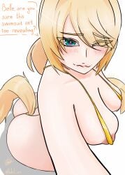 1girl animal_ears ass blue_eyes blush breasts covered_nipples gold_bikini hair_over_one_eye hehil_art horse_ears horse_girl horse_tail huge_ass large_breasts long_hair looking_at_viewer nipple_slip sigrid_de_l'azur simple_background solo_focus speech_bubble swimsuit white_background zenless_zone_zero