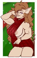 anthro barely_visible_genitalia barely_visible_pussy big_breasts blue_eyes bottomless breasts brown_hair christmas clothed clothing curled_tail eyelashes female hair half-closed_eyes holidays inverted_nipples long_hair mammal nipples pig porcine pussy scarlet-frost snowflake suea_sowwet sweater virgin_killer_sweater wavy_hair