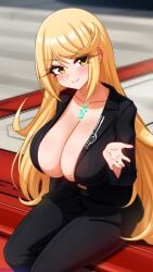black_suit blush cleavage collarbone invitation inviting looking_at_viewer lukari mythra outstretched_hand sitting smile suit xenoblade_(series) xenoblade_chronicles_2