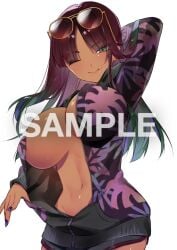 breast_focus dokudami-sama_(vaz_999) green_eyes hard_nipples jacket long_hair looking_at_viewer sunglasses_on_head tongue_out unzipped_jacket vaz_999 winking winking_at_viewer