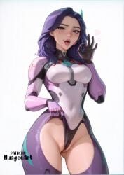 1girl ai_generated artist_name ass_visible_through_thighs blizzard_entertainment blush bodysuit breasts cameltoe covered_navel d.mon fellatio_gesture long_hair looking_at_viewer medium_breasts nuageeart open_mouth overwatch partially_visible_vulva purple_eyes purple_hair questionable simple_background solo tongue tongue_out wedgie white_background