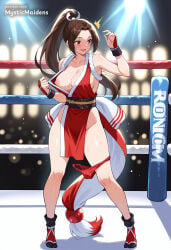 1girl ai_generated anime anime_style areola_slip bare_shoulders blush breasts brown_eyes brown_hair capcom cleavage collarbone cum cum_on_body cum_on_breasts fatal_fury fatal_fury:_city_of_the_wolves fatal_fury_2 fatal_fury_the_motion_picture full_body hentai hi_res high_ponytail japanese_clothes king_of_fighters large_breasts long_hair mai_shiranui mystic_maidens nipples no_bra open_mouth panties patreon pelvic_curtain ponytail red_panties revealing_clothes rope sash smile snk socks solo standing street_fighter street_fighter_6 sweat tabi thighs underwear