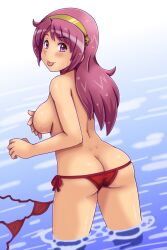 1girls ass_crack athena_asamiya big_breasts bikini hairband king_of_fighters light-skinned_female light_skin outdoors pale-skinned_female pale_skin purple_eyes purple_hair star star_(symbol) swimming thick tongue tongue_out water wet