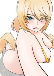 1girl animal_ears ass blue_eyes blush breasts covered_nipples gold_bikini hair_over_one_eye hehil_art horse_ears horse_girl horse_tail huge_ass large_breasts long_hair looking_at_viewer nipple_peak nipple_piercing nipple_slip piercing sigrid_de_l'azur simple_background solo_focus speech_bubble swimsuit white_background zenless_zone_zero