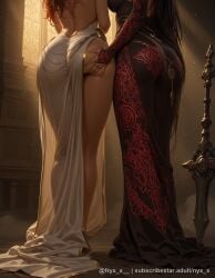 2girls ai_generated ass ass_grab backless_dress backless_outfit bare_shoulders black_dress black_hair breasts dress from_behind large_breasts long_dress long_hair multiple_girls nyx_x questionable sensitive standing sword thighs weapon white_dress yuri