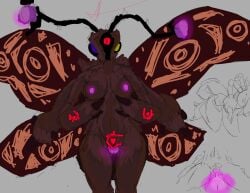 4_arms antennae_(anatomy) breasts bug_girl fur furry glowing_genitalia glowing_nipples moth moth_girl pussy sketch wynncraft