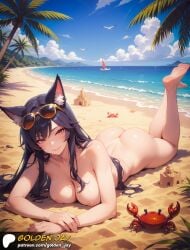 ahri ai_generated beach big_breasts black_hair crab fox_ears league_of_legends long_hair naked nipples pale_skin palm_tree parody sandcastle seagull sexy smile sunglasses yellow_eyes