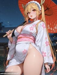1girl ai_generated arlequin097 blonde_hair breasts cleavage dragon_girl dragon_horns floral_print gradient_hair holding holding_umbrella horns japanese_clothes kimono kobayashi-san_chi_no_maidragon large_breasts lips long_hair long_sleeves looking_at_viewer maid_headdress multicolored_hair night night_sky no_panties obi oil-paper_umbrella orange_eyes orange_hair outdoors parted_lips print_kimono sash sky slit_pupils solo star_(sky) starry_sky thighs tohru_(dragon_maid) tohru_(maidragon) twintails umbrella white_kimono wide_sleeves yukata