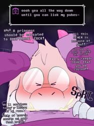 1boy 1other blowjob blush book closed_eyes clothed clothing collar collared_shirt crushpepper cum cum_in_mouth cum_inside cumshot deepthroat deltarune deltarune_chapter_5 dialogue digital_media_(artwork) duo english_dialogue english_text eyewear fur furry furry_male glasses goat goat_ears goat_horns horn horns long_hair male non-binary nonbinary oral penis pink_horn pink_horns pubes pubic_hair purple_hair purple_skin ralsei ralsei_with_white_fur seth_(deltarune) shirt tagme text text_box undertale_(series) white_fur white_sclera