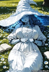 1girl ai_assisted ai_generated black_hair book bracelet breasts curvaceous curvy curvy_female curvy_figure dress elden_ring female field flower grass hat jewelry large_breasts long_hair looking_at_viewer miyuai on_back open_book own_hands_together parted_lips ranni_the_witch see-through sitting solo sun_hat thick thick_ass thick_butt thick_hips thick_legs thick_thighs voluptuous voluptuous_female watermark white_dress wide_hips wide_thighs witch_hat