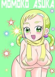 1girls bikini blonde_hair blush breasts cleavage cowboy_shot curvaceous female green_eyes human large_breasts light-skinned_female light_skin looking_at_viewer momoko_asuka ojamajo_doremi presenting sakurajima1go scarf short_hair solo swimsuit thick_thighs voluptuous wide_hips