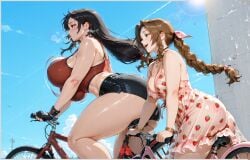 2girls aerith_gainsborough ai_assisted ai_generated black_hair bouncing bouncing_breasts braided_hair brown_hair cycling cycling_shorts final_fantasy final_fantasy_vii final_fantasy_vii_remake from_side green_eyes hair_bow high_quality high_resolution highres huge_breasts large_breasts long_hair medium_breasts profile profile_view red_eyes round_ass see-through see-through_clothes see-through_clothing see-through_dress sideview tifa_lockhart voluptuous voluptuous_body voluptuous_female wallpaper yametastudio