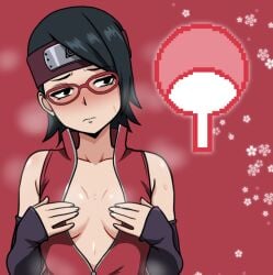 1girls arm_warmers armwear bare_shoulders black_armwear black_eyes black_hair blush boruto:_naruto_next_generations canon_costume canonical_outfit cherry_blossoms cleavage close-up cute female female_focus female_only forehead_protector front_view frown frowning glasses headband hi_res high_resolution highres inner_sideboob jacket konohagakure_symbol ksk__oda light-skinned_female light_skin nail_polish narrowed_eyes naruto naruto_(series) no_bra nose_blush painted_nails pale-skinned_female pale_skin perky_breasts pinup presenting_breasts sarada_uchiha shonen_jump short_hair shounen_jump shueisha sleeveless_shirt small_breasts solo solo_female solo_focus sweat sweatdrop sweating teen teen_girl teenage teenage_female teenage_girl teenage_tits teenager tomboy uchiha_sarada uchiha_symbol undressing very_high_resolution weekly_shonen_jump weekly_shonen_magazine weekly_shounen_jump white_nail_polish white_nails