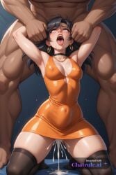 1girl 1girl1boy adult_woman ahegao ai_assisted ai_generated anime_style big_ass blurred_background blush blushing bouncing chubby_girl cleavage cum_on_ass cum_on_chest cum_on_face deep_penetration dramatic_lighting drool eye_roll eyeroll eyes_wide_open from_above full_nelson_position overwatch tracer