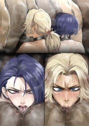 2girls akisora akizora anilingus anus anus_close-up anus_hair ass blonde_hair blue_eyes blue_hair blush catherine_(fire_emblem) collar collar_only concentration face_closeup face_in_ass female femsub fire_emblem fire_emblem:_three_houses licking_ass multiple_panels nude nude_female ponytail pubic_hair_on_face purple_eyes rimjob rimming servicing shamir_nevrand sweat tongue_in_anus