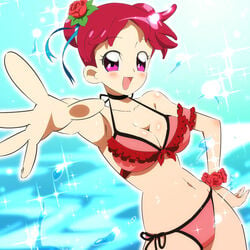 1girls artist_request bikini breasts cleavage cowboy_shot curvaceous doremi_harukaze double_bun female hair_flower human large_breasts light-skinned_female light_skin looking_at_viewer ojamajo_doremi pink_eyes red_hair short_hair solo swimsuit thick_thighs voluptuous wide_hips