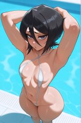 1girls ai_generated armpits arms_up asian_female bikini black_hair bleach bleach:_the_thousand-year_blood_war bra breasts curvy curvy_female curvy_figure female kuchiki_rukia legs light-skinned_female looking_at_viewer petite petite_body petite_female poolside purple_eyes seductive seductive_look sexy sexy_body sexy_pose short_hair sling_bikini small_breasts stuffyai sweat thick_thighs thighs underwear wet wet_body wide_hips