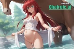 1girl ai_assisted ai_generated bath bathing blushing cervix_penetration cowboy_shot cum_inside_pussy cumflation cute_expression dutch_angle green_eyes horse_penis inside looking_at_viewer naked_towel nude onsen outdoors partially_submerged perfect_pussy rape red_hair rias_gremory simple_background skinny smile source_anime steam steam_censor tongue_out towel water wet_towel xray_view