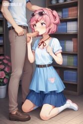 1girl ai_assisted ai_generated belt big_tits blowjob blue_skirt bookshelf cock_out daylight doki_doki_literature_club excited_face flowers garden huge_tits jiggling_tits natsuki_(doki_doki_literature_club) on_knees penis pink_hair pleated_skirt ponytail red_ribbon school_uniform sex source_anime spring sundress sunglasses