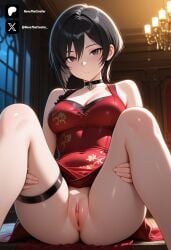 1female 1girl ada_wong ada_wong_(resident_evil) ai_generated anus bare_arms bare_shoulders below_view big_breasts black_choker black_hair blush breasts brown_eyes candle china_dress chinese_clothes choker cleavage cleft_of_venus closed_mouth collarbone colored covered_navel dress expressionless feet feet_out_of_frame female from_below from_front front_view hair_between_eyes indoors knees_up large_breasts light-skinned_female light_skin looking_at_viewer low-angle_view m_legs medium_breasts night no_panties novathecreator on_floor pussy red_dress resident_evil sexy sexy_body sexy_pose short_hair sitting sleeveless sleeveless_dress solo spread_legs thigh_strap thighs tits uncensored vagina visible_pussy visible_vagina vulva window