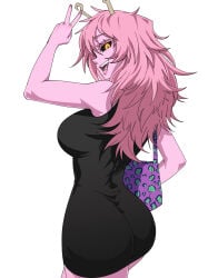 1girl absurdres antlers ashido_mina ashido_mina_time-skip ass bag black_dress black_sclera boku_no_hero_academia breasts colored_sclera colored_skin commentary_request cowboy_shot dress duendezoid highres holding holding_bag horns large_breasts long_hair looking_at_viewer looking_back mina_ashido mina_ashido_time-skip my_hero_academia open_mouth pink_hair pink_skin simple_background sleeveless sleeveless_dress smile solo spanish_commentary v white_background yellow_eyes