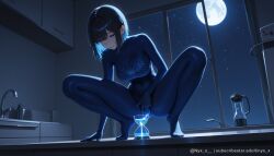 1girl ai_generated bangs black_bodysuit black_hair blue_eyes blush bodysuit breasts covered_navel cup drinking_glass explicit female_masturbation full_body full_moon indoors large_breasts latex_bodysuit looking_down masturbation mole moon night nyx_x short_hair skin_tight sky solo spread_legs squatting tiptoes