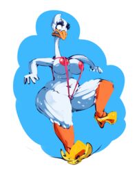 2018 alpha_channel anthro areola avian banana_peel big_breasts bikini bird breasts cleavage clothed clothing feathers female footwear goose high_heels looking_down mature_female navel nipples non-mammal_breasts old on_one_leg pussy shoes simple_background skimpy sling_bikini slip smutbooru solo standing swimsuit transparent_background voluptuous white_feathers wide_hips