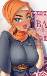 arabian booty_calls dark-skinned_female erect_nipples erect_nipples_under_clothes female finger_in_mouth fully_clothed henna hijab married_woman mia_(booty_calls) tattoo